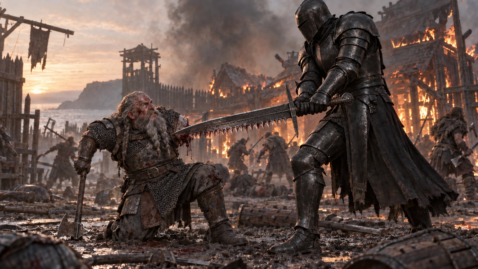 The wounded dwarven Safehold instructor, one arm lost, resists an unmarked crusader in plain blackened plate wielding a serrated-edged greatsword while the training grounds burn