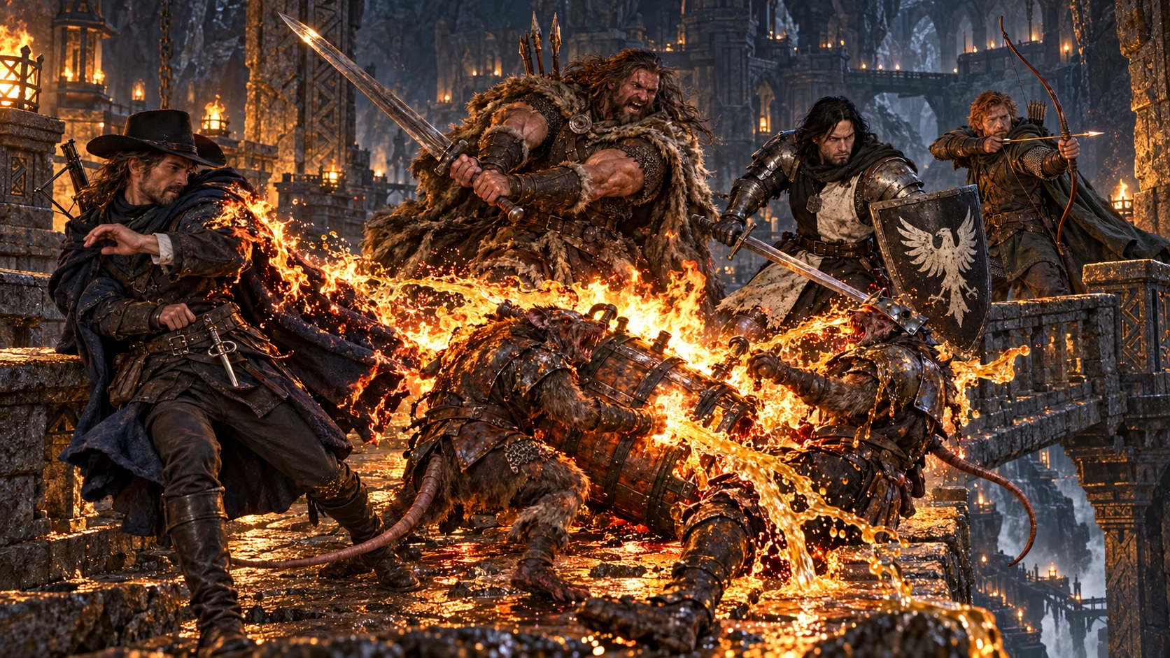 Two ratmen and their pipe-fitted alchemical barrel are engulfed in fire on the dwarven bridge; Asuran recoils at the edge of the blaze while Halen, Karl and Toby fight behind him