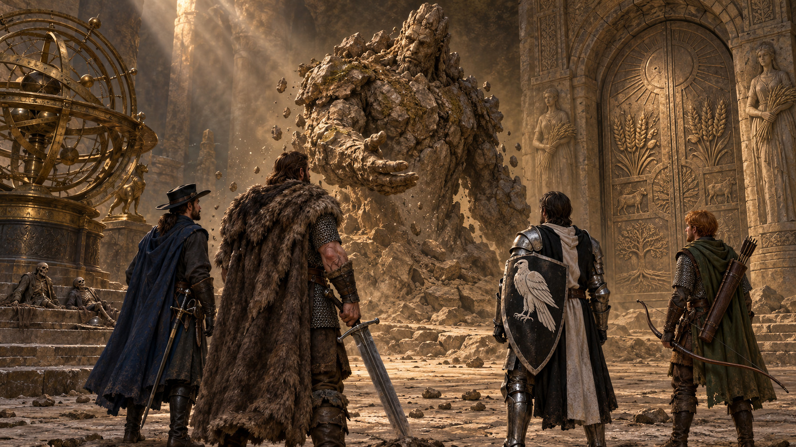 Asuran, Halen, Karl and Toby face an earth elemental beside a brass astrolabe, two ancient bodies and a carved harvest door