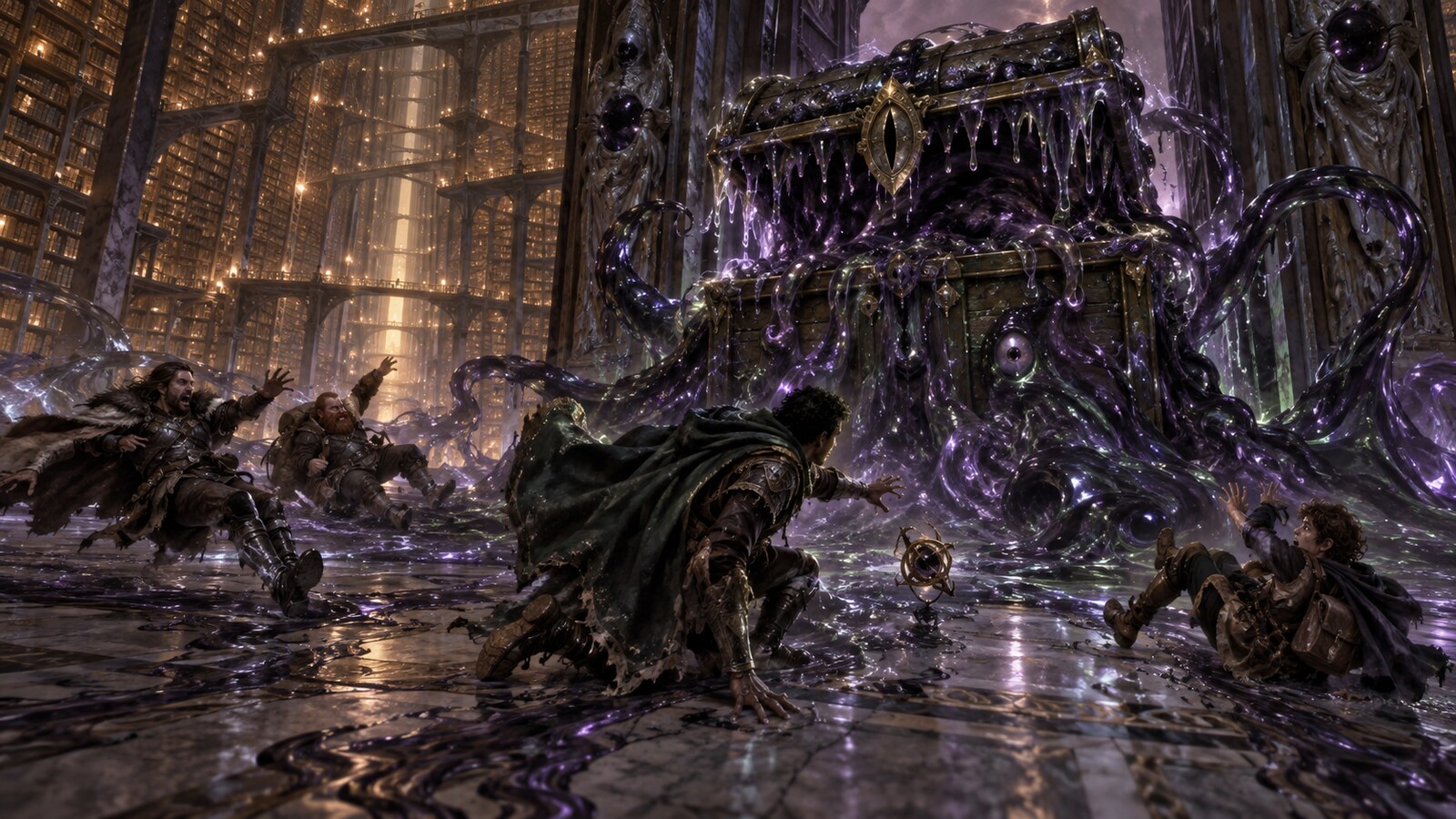 A living-slime avatar guards the Library of All Knowledge as the four human adventurers are driven back