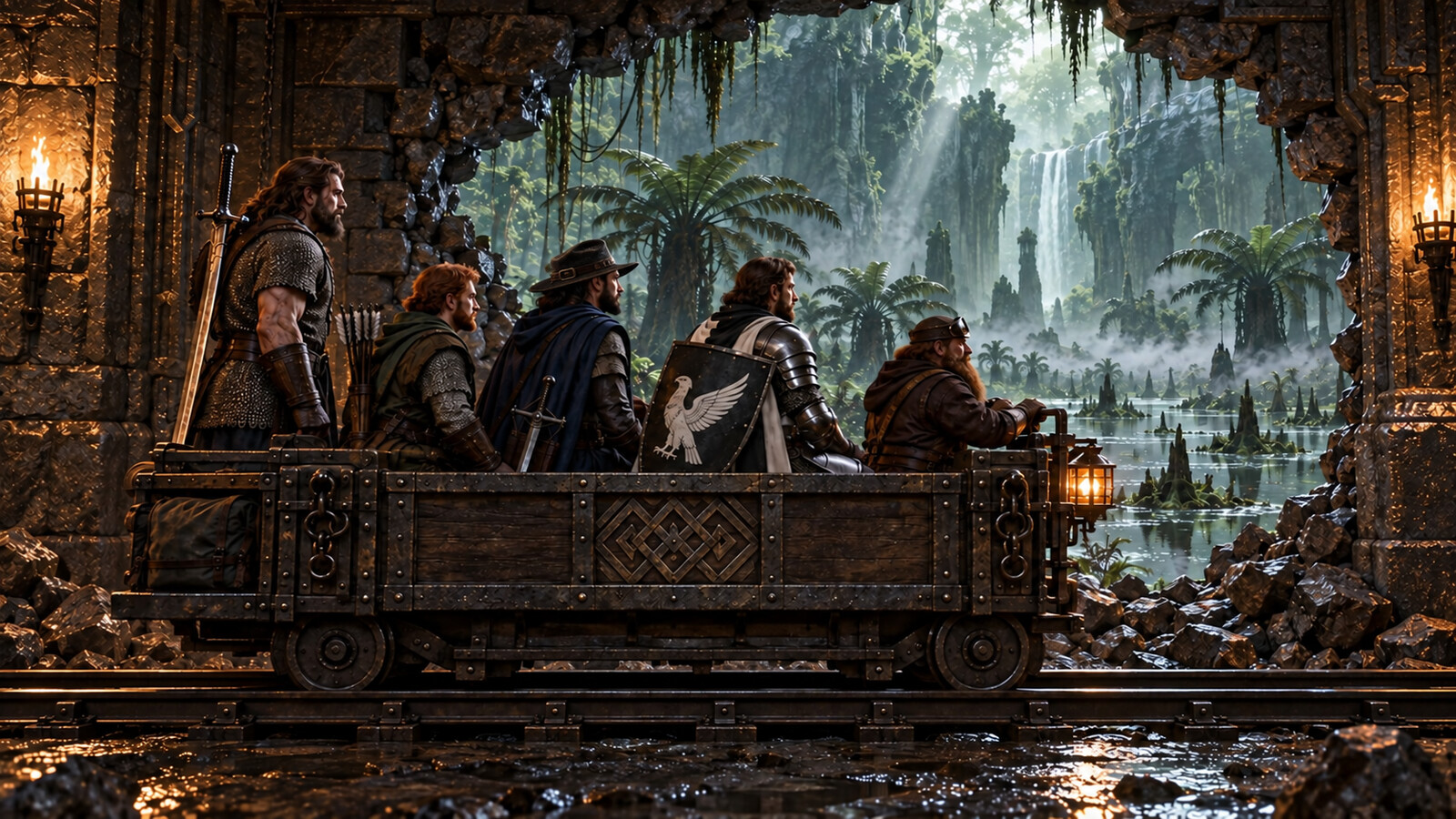 Side-on view of Gerlik and four human adventurers aboard a dwarven rail cart passing a collapsed side-wall opening onto a prehistoric swamp
