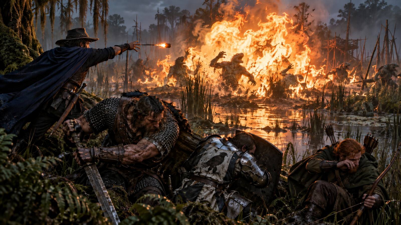 Alchemist's fire ignites marsh gas among troglodytes as four human adventurers brace from the blast