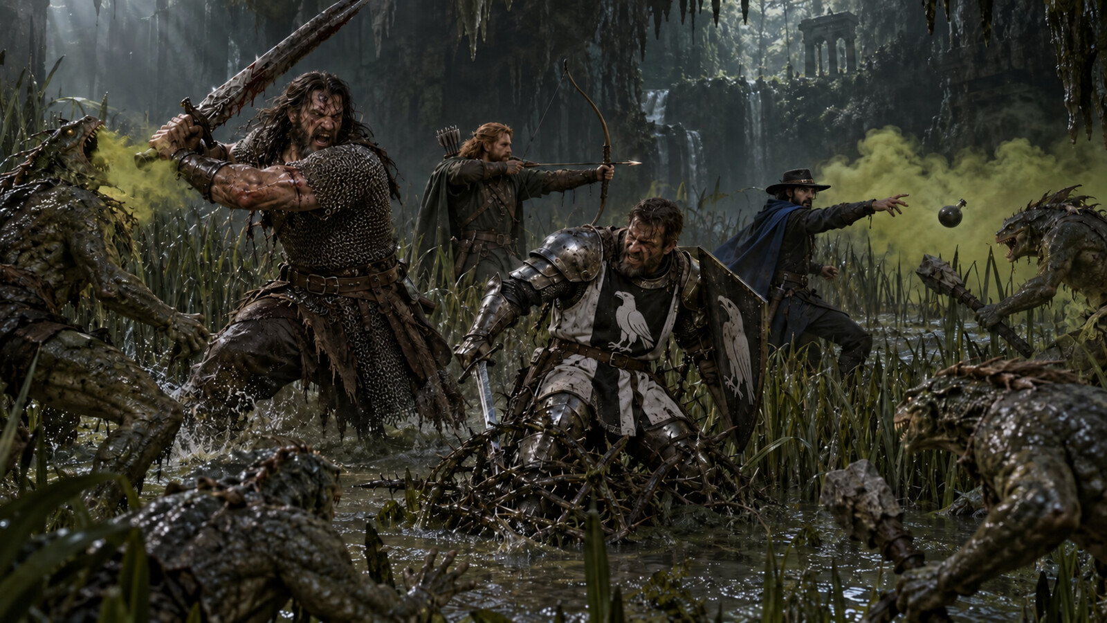 Four human adventurers fight poisonous troglodytes in a prehistoric underground swamp
