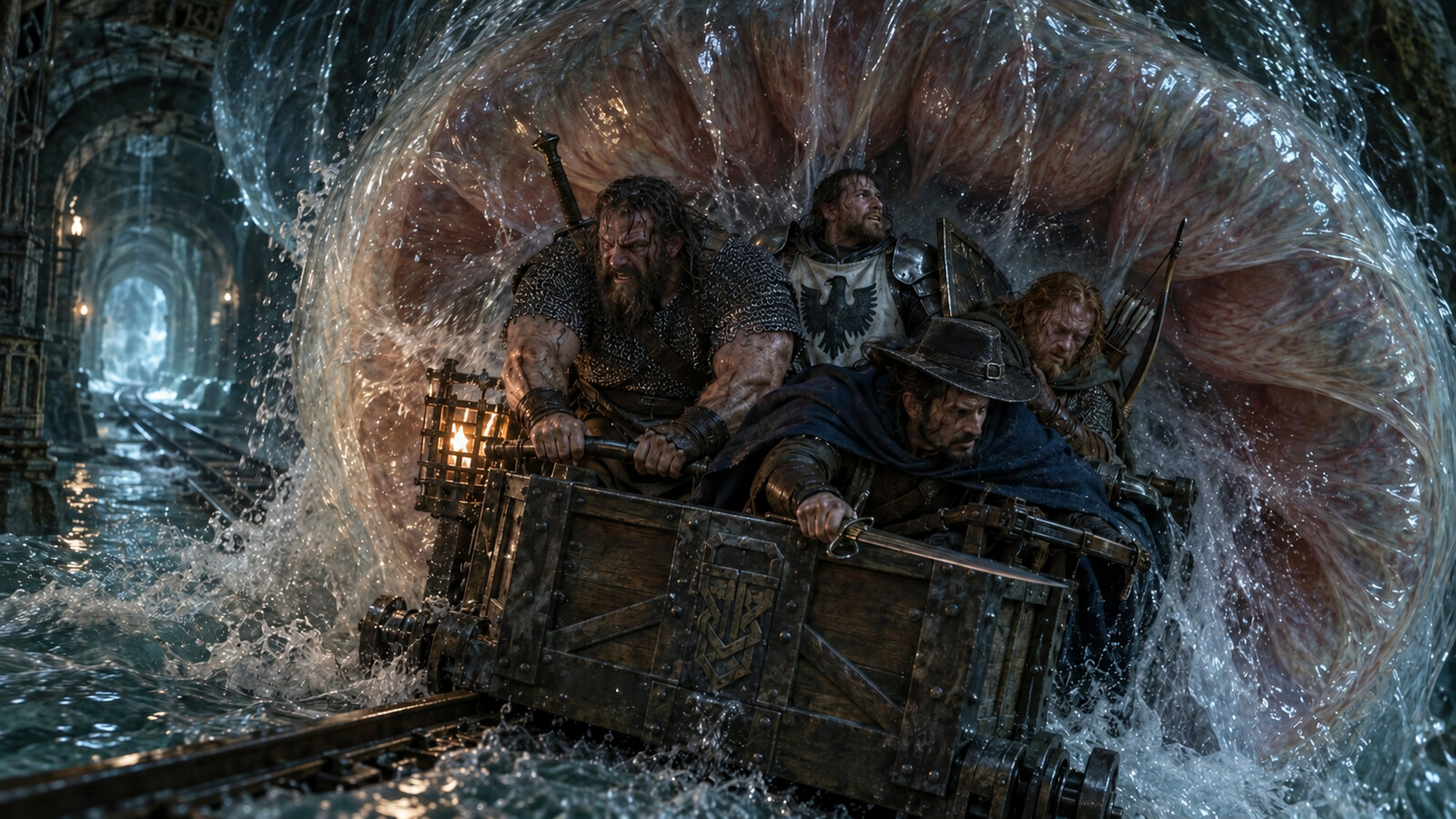 Four human adventurers force a dwarven rail cart through an enormous living water-sphincter creature
