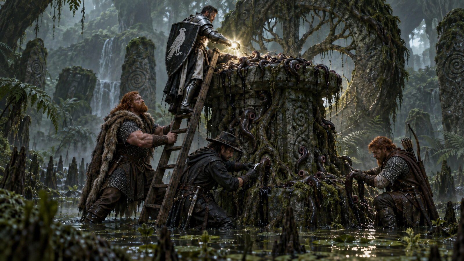 Four human adventurers use a wooden ladder while cleansing a parasite-covered swamp shrine