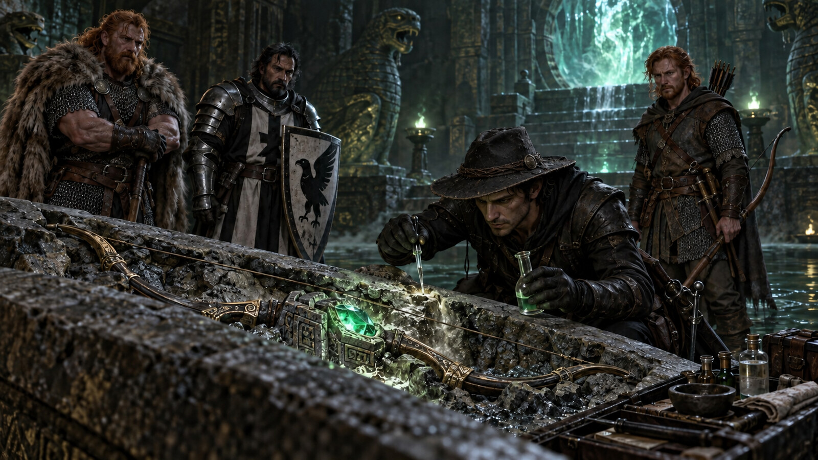 The human rogue Asuran uses alchemical acid to free a glowing green gem and ancient bow from stone