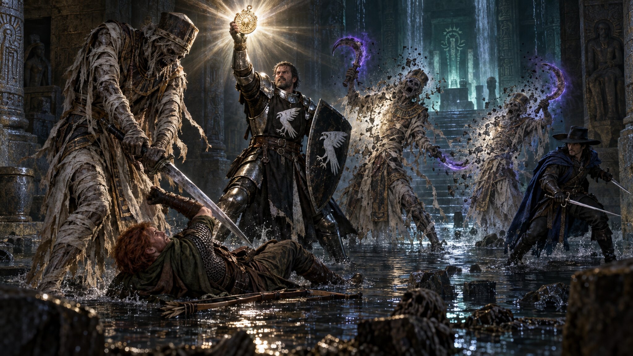 Karl raises a holy symbol against two mummy-like sickle guardians while a greatsword guardian strikes the fallen Toby and Asuran waits armed on the flank