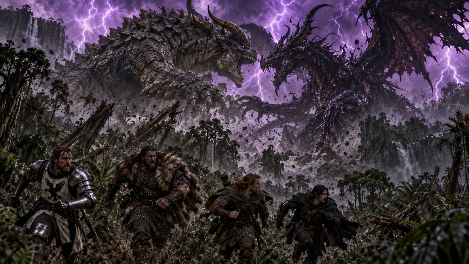 Four human adventurers flee as Utabo battles an enormous dragon-demon titan beneath a purple lightning storm