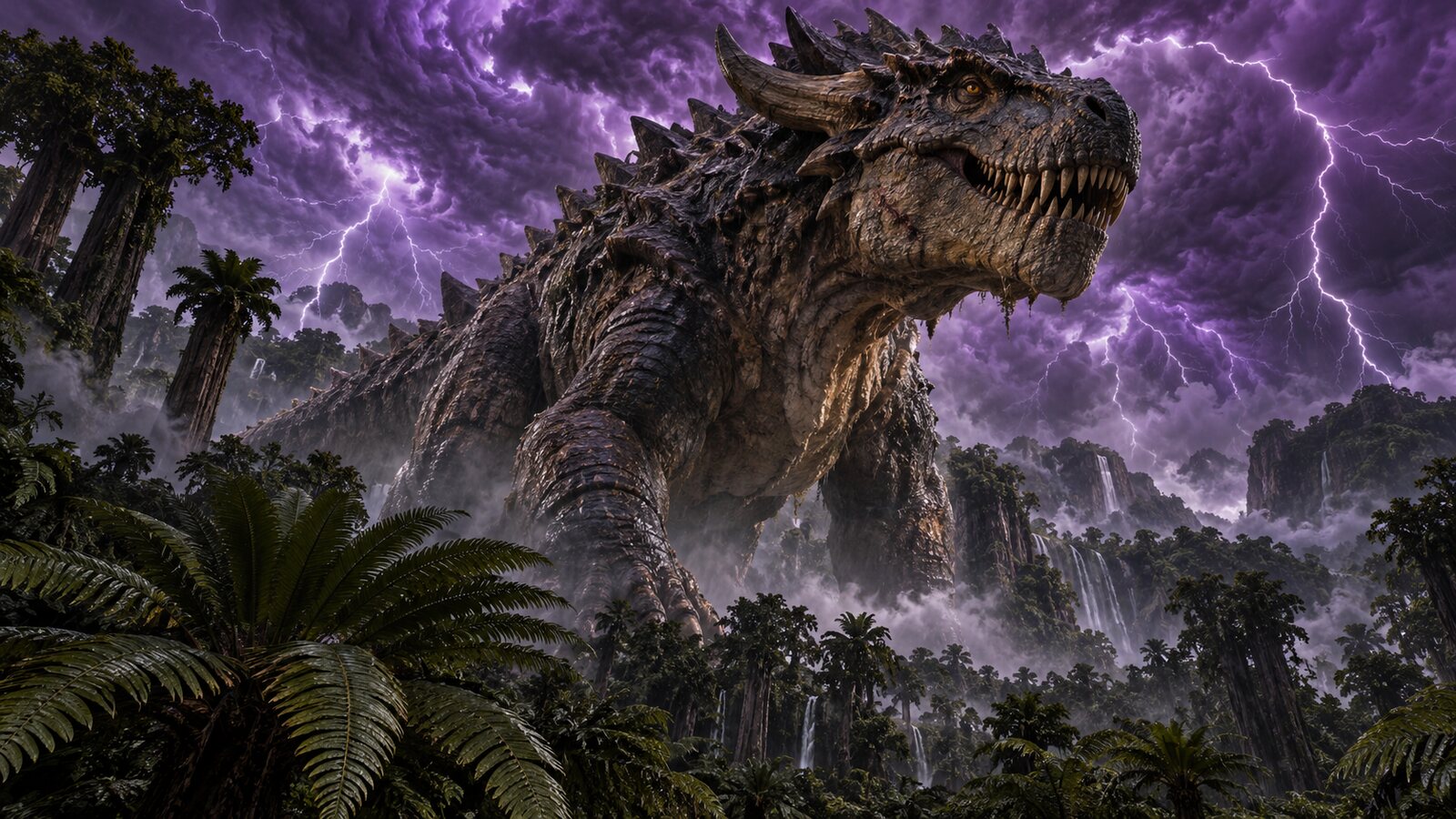 Utabo, a colossal dinosaur demigod, emerges through primeval jungle beneath purple lightning