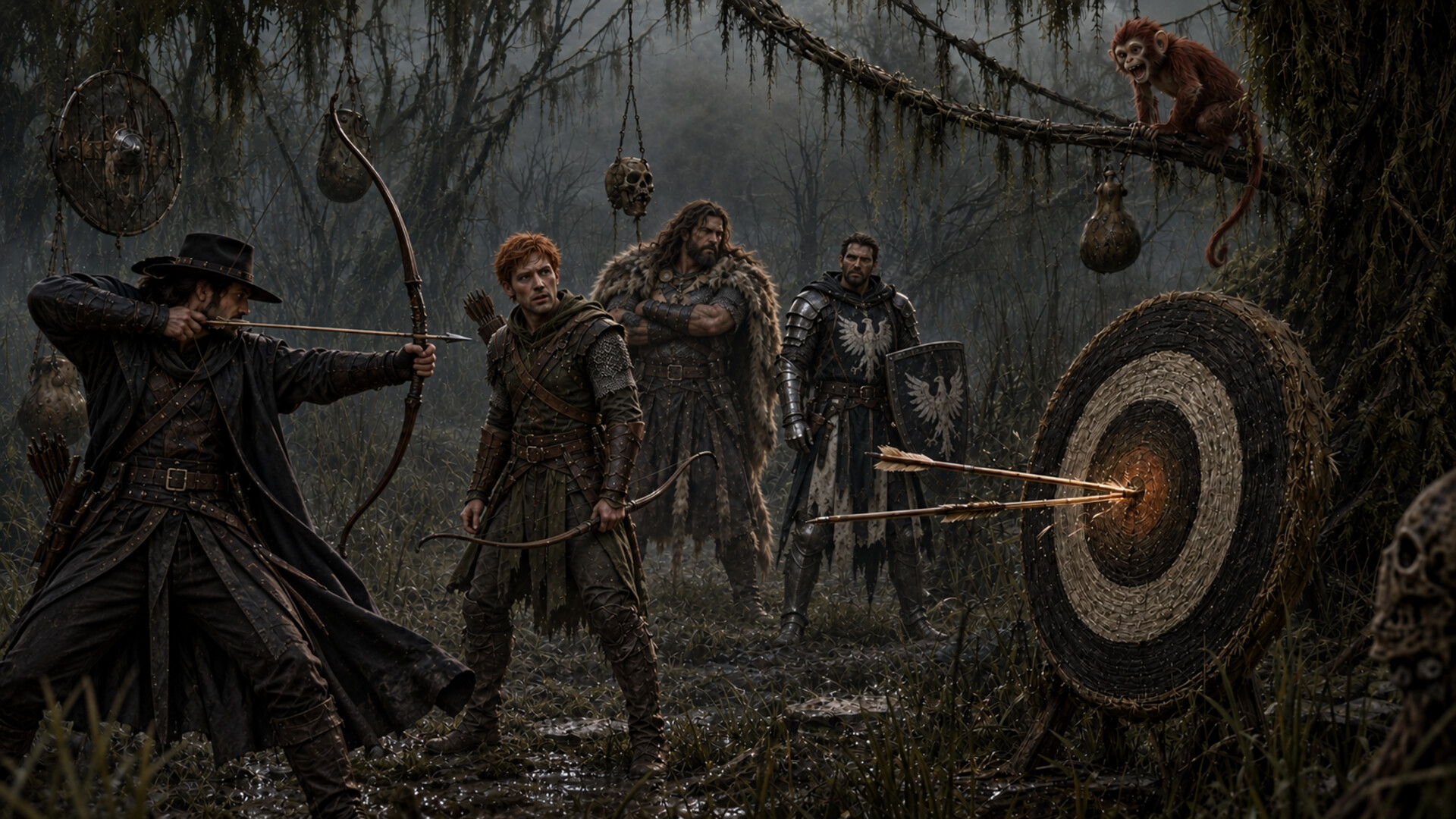 Asuran completes his shot as Toby, Halen, Karl and the monkey judge watch two arrows strike the same target