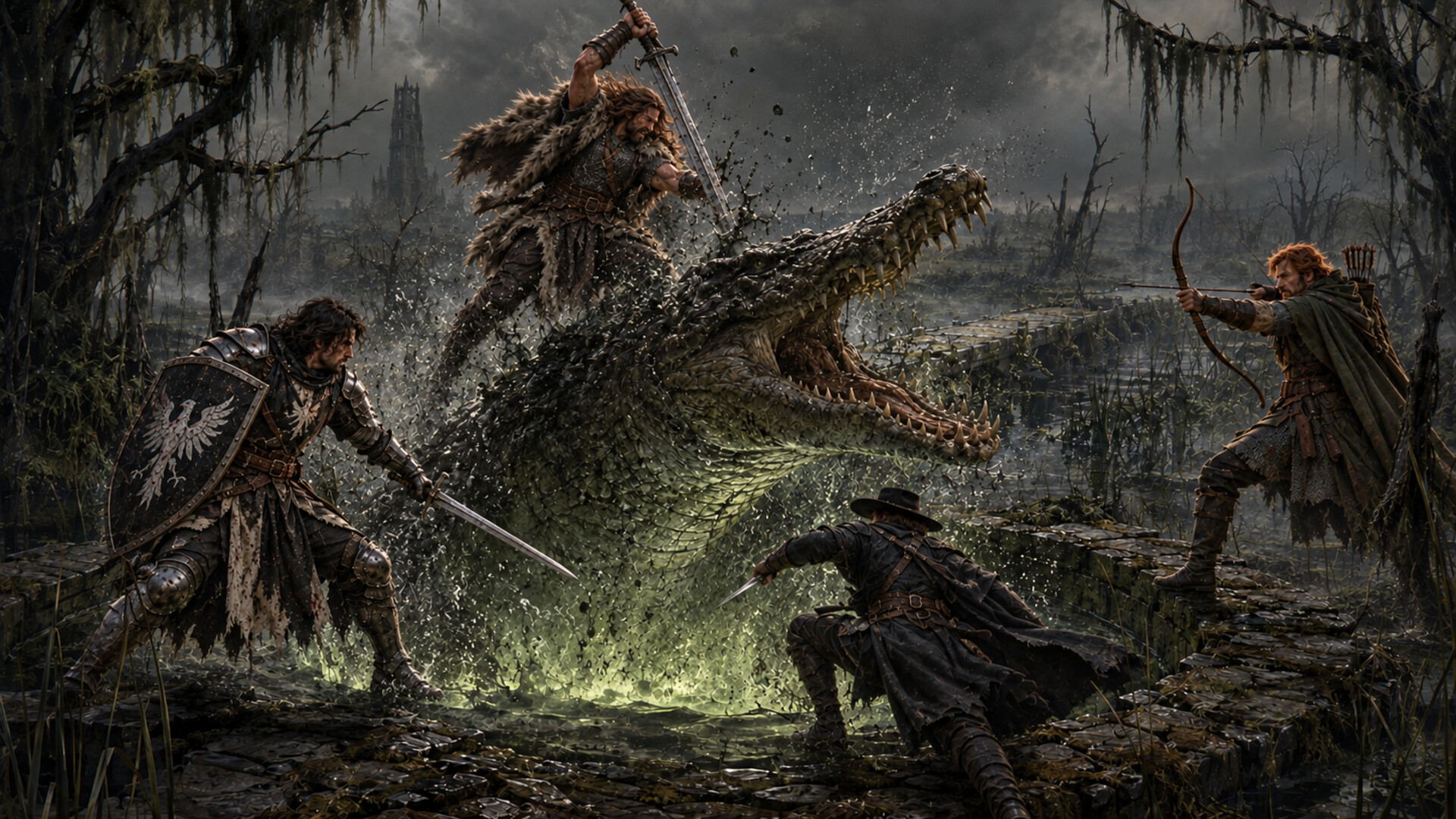 Halen, Karl, Toby and Asuran battle a giant crocodile erupting from a black marsh pool