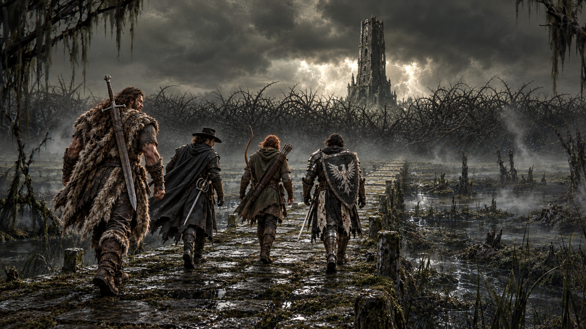 Halen, visibly tallest and most heavily built, walks with Karl, Toby and Asuran along the ancient causeway towards the thorn-enclosed marsh tower
