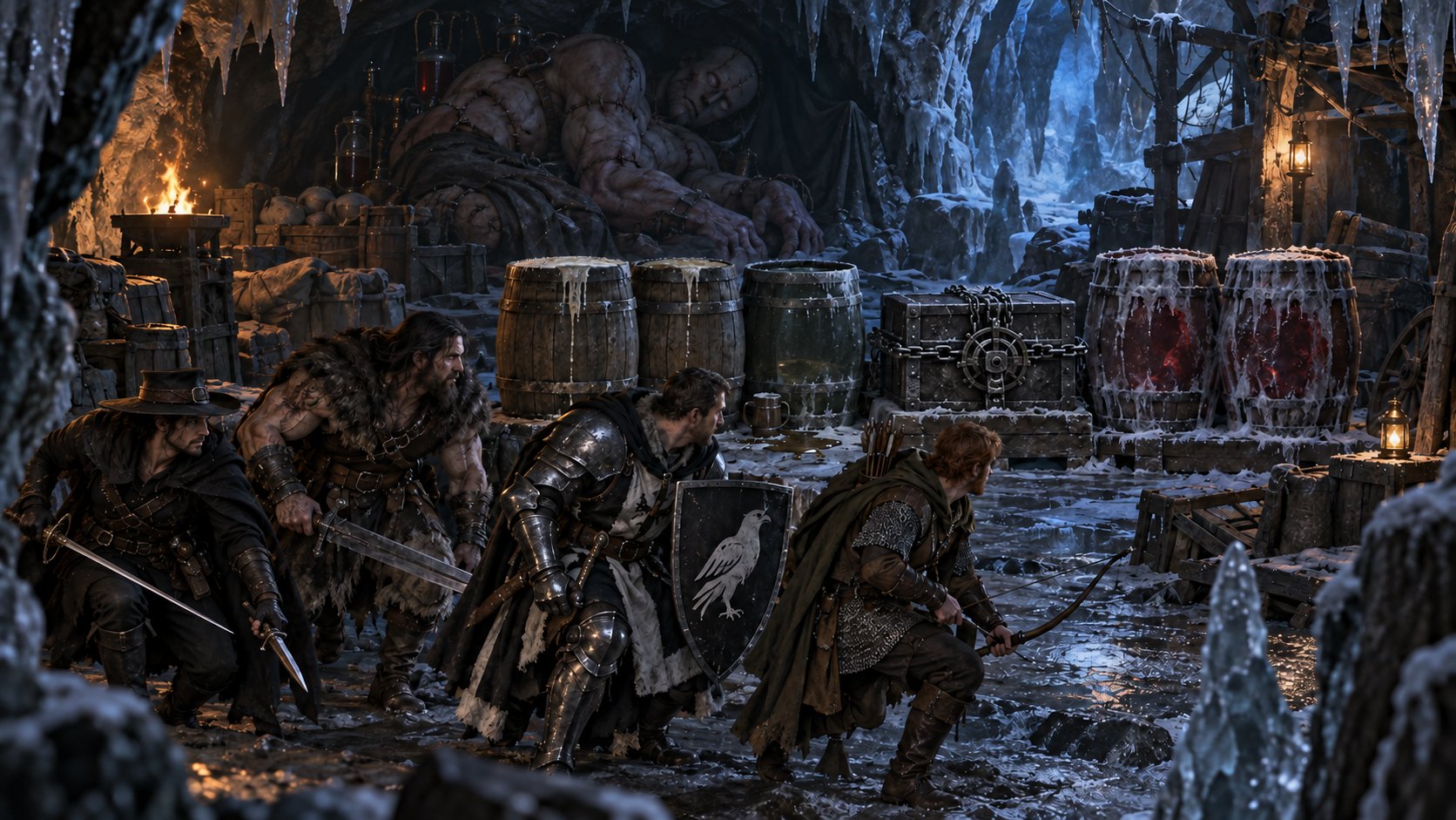 Asuran, Halen, Karl and Toby move cautiously through a frozen cargo cavern containing six barrels, a chained strongbox and a sleeping stitched flesh golem