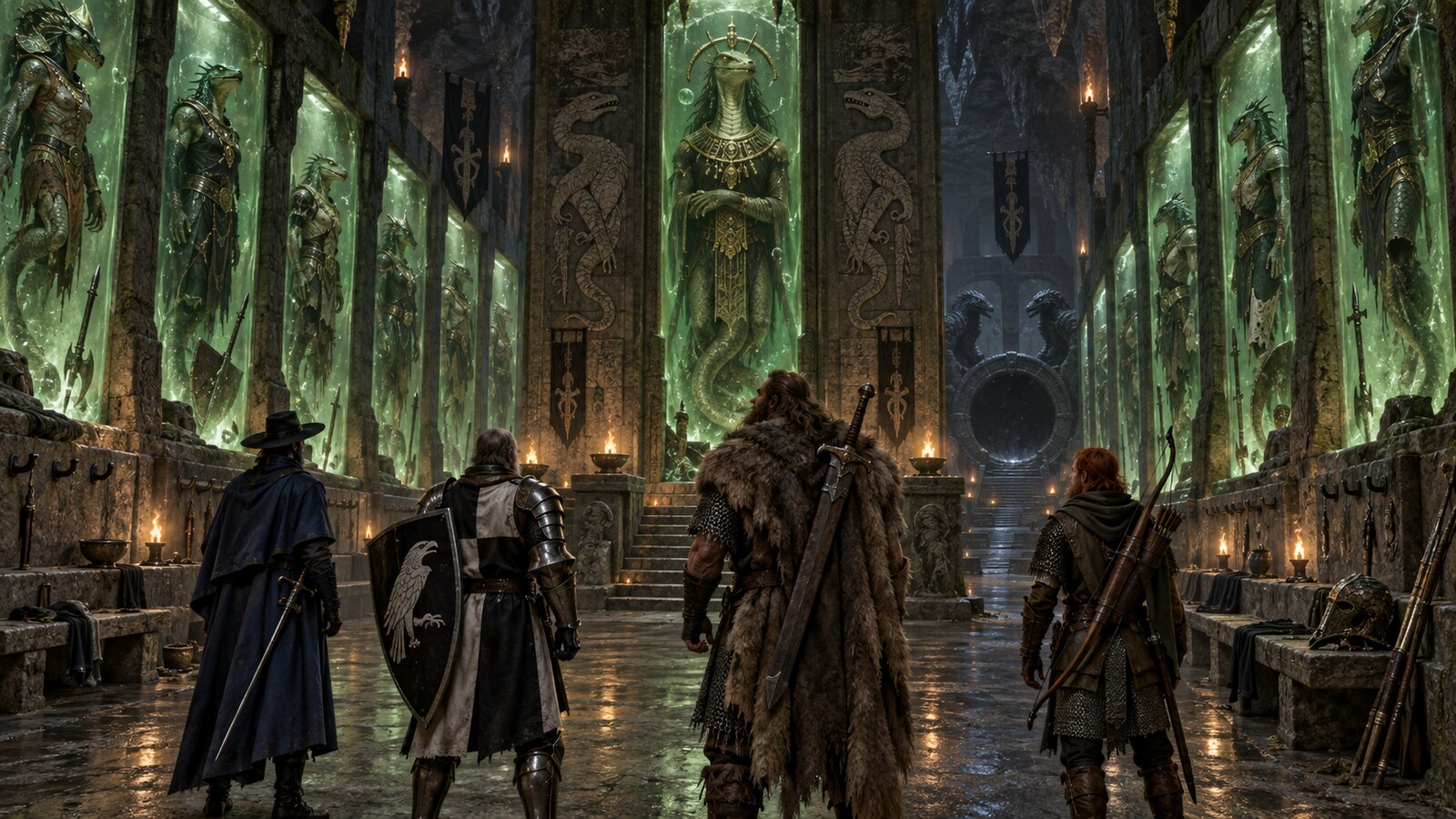 Four human adventurers examine ancient lizardfolk champions held in green suspension along the walls of Laogzed’s temple
