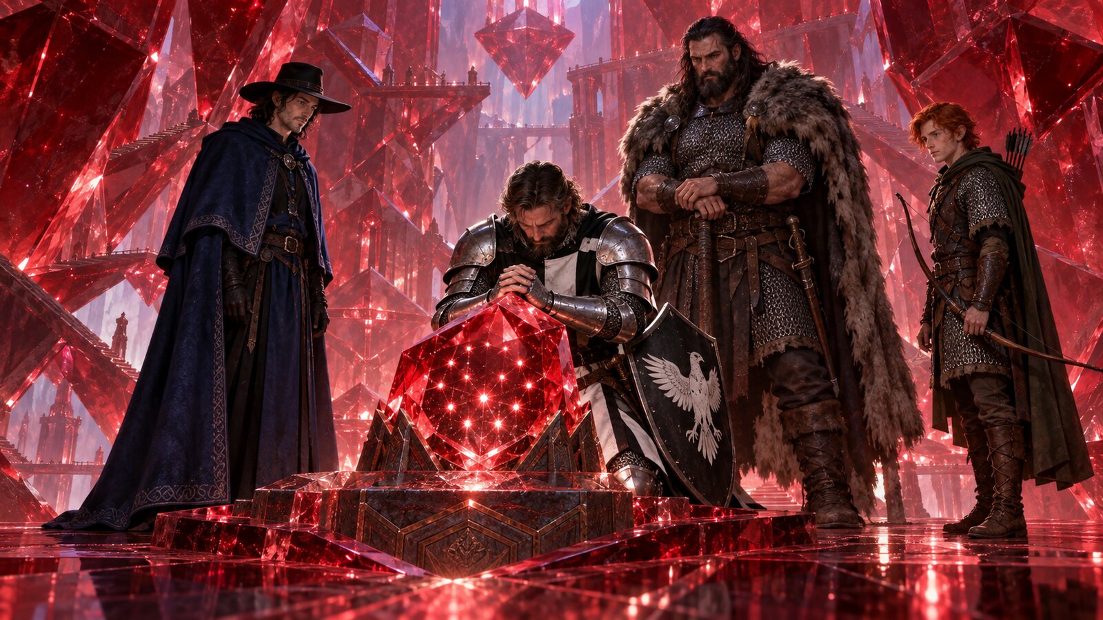 Four human adventurers stand within a vast red crystal chamber while Karl attunes the dwarven gem