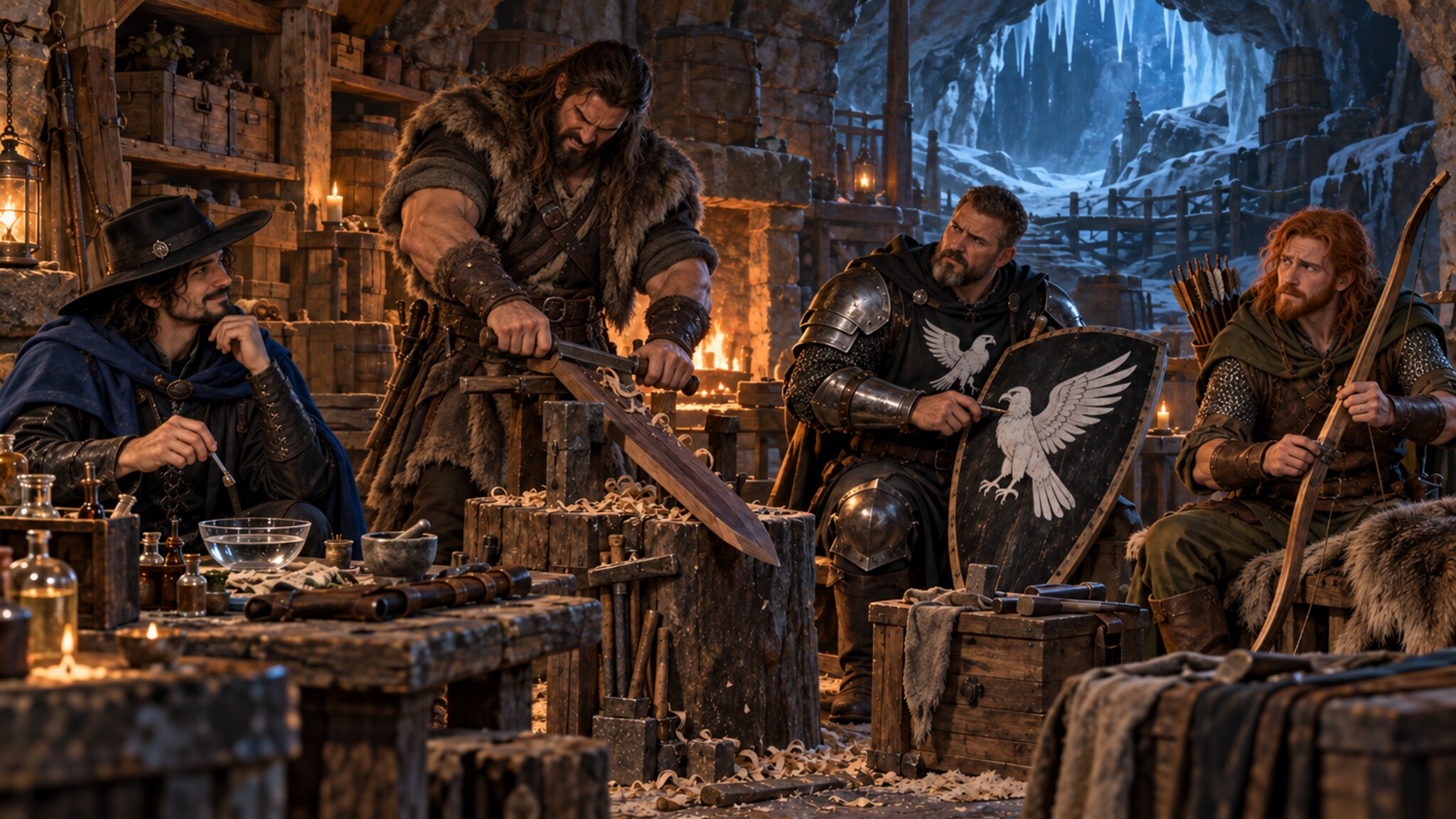 Asuran in his black hat prepares alchemical draughts while Halen shapes a darkwood sword, Karl works on his falcon shield and Toby crafts a bow