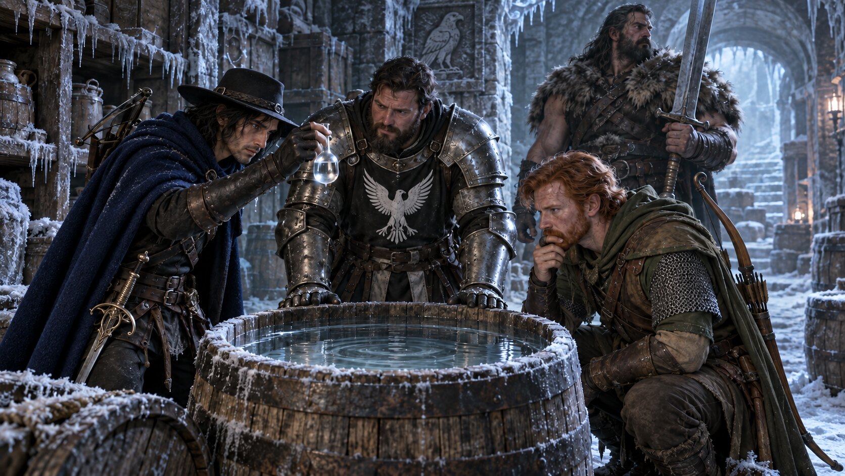 Asuran in his black hat and blue cloak examines perfectly clear water with Halen, Karl and Toby in the frozen storeroom