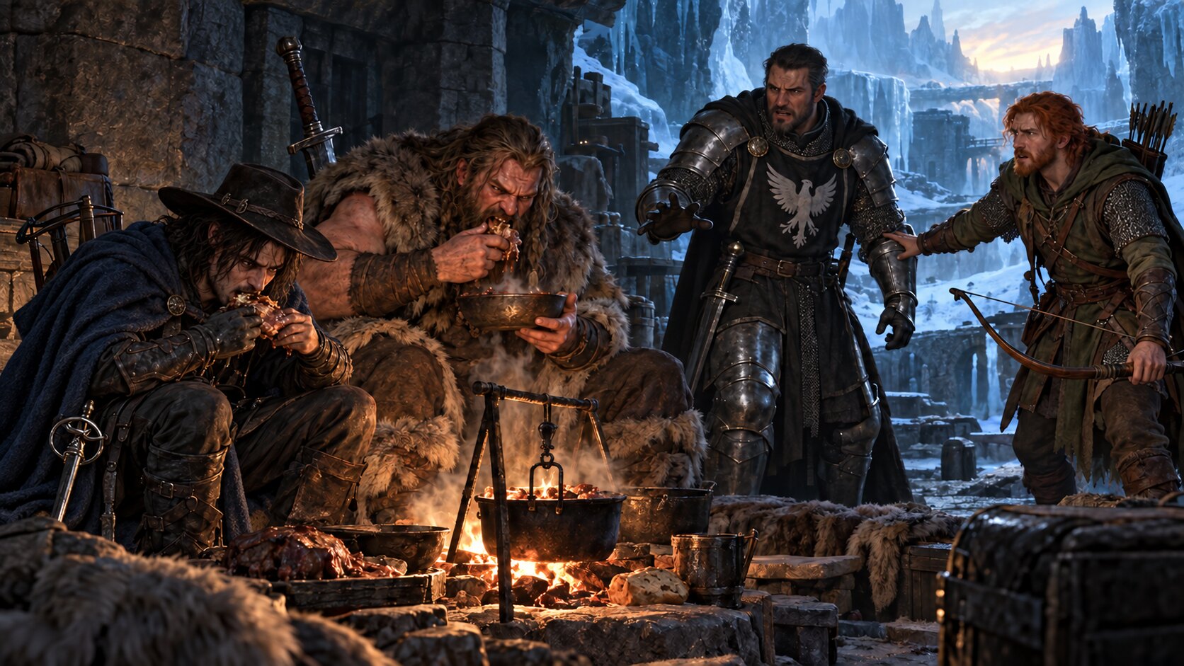Asuran in his black hat and blue cloak and another companion eat ravenously beside the morning fire while the rest of the party confront them