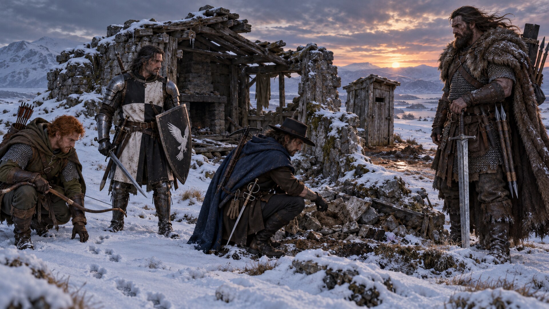 Toby, Karl, Asuran and Halen examine a deceptive ruin and false outhouse on the snowy tundra