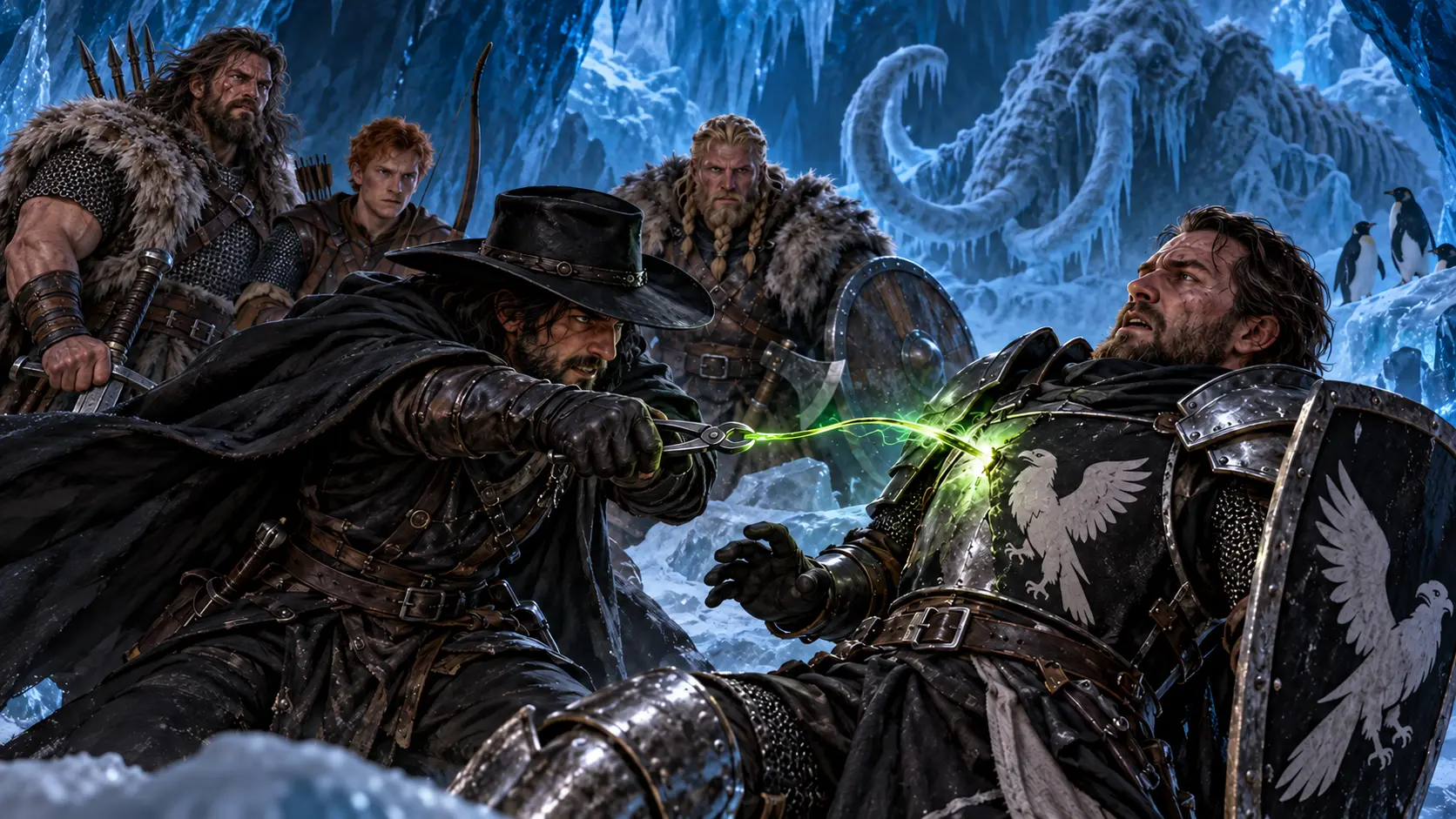 Asuran uses metal pliers to pull a moving green divine fragment from Karl’s plate armour before it reaches his body