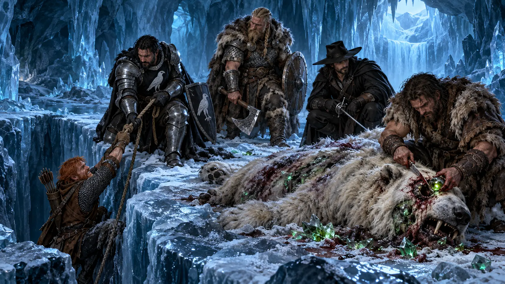 Karl pulls Toby to the edge of an ice shaft while Halen removes the green shard from the dead diseased polar bear and the other men stand watch