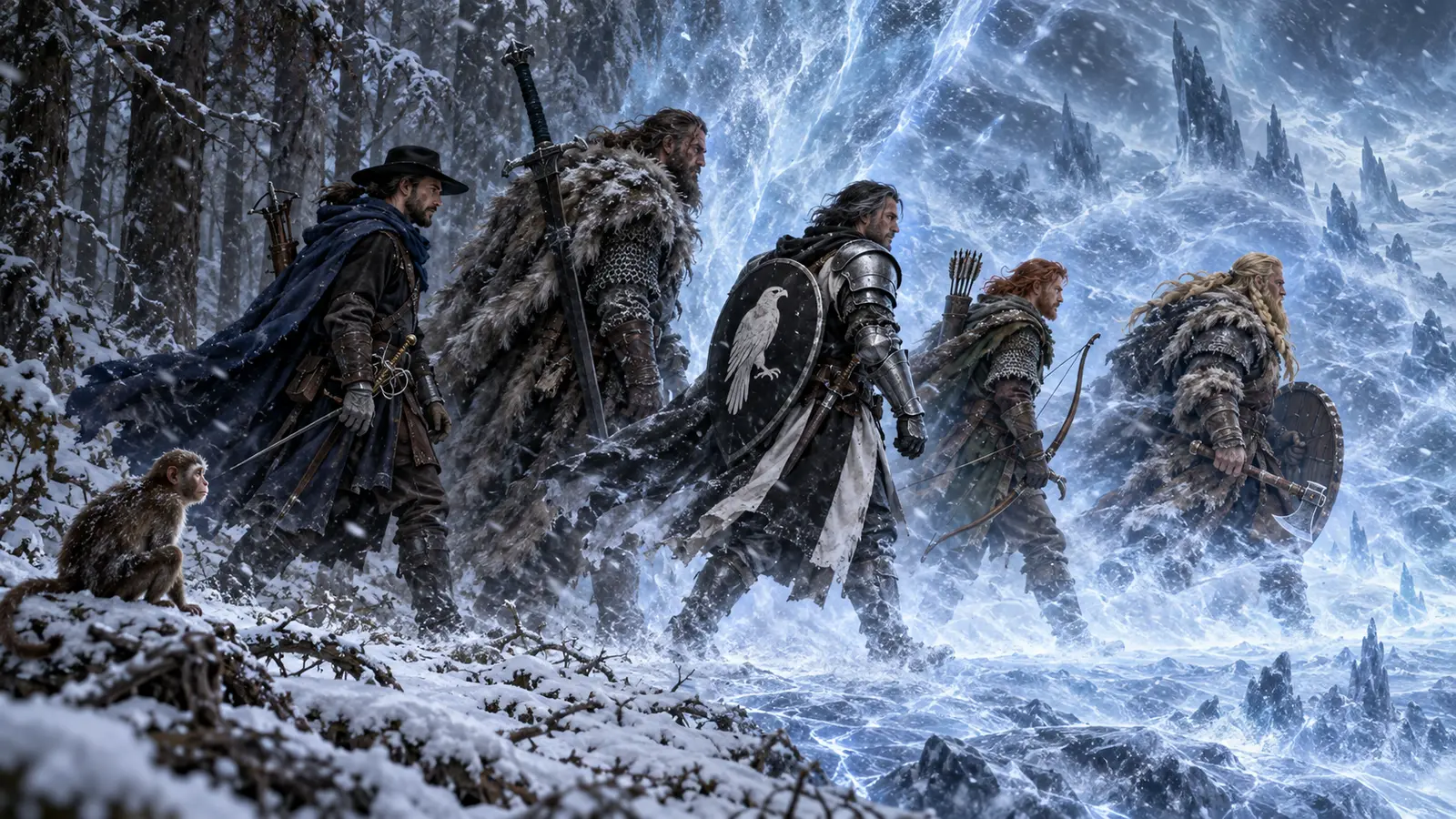 Asuran, Halen, Karl, Toby and Tanner cross from the snowy forest into an ice demiplane while Spank remains behind