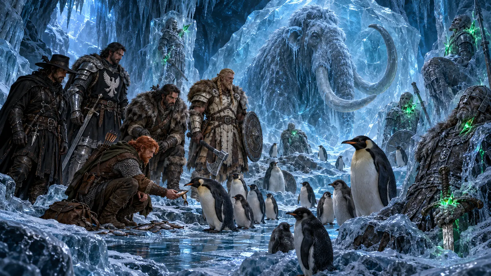 Toby feeds penguins in a deep ice cavern while the party examines a frozen mammoth and ancient warriors pierced by green shards