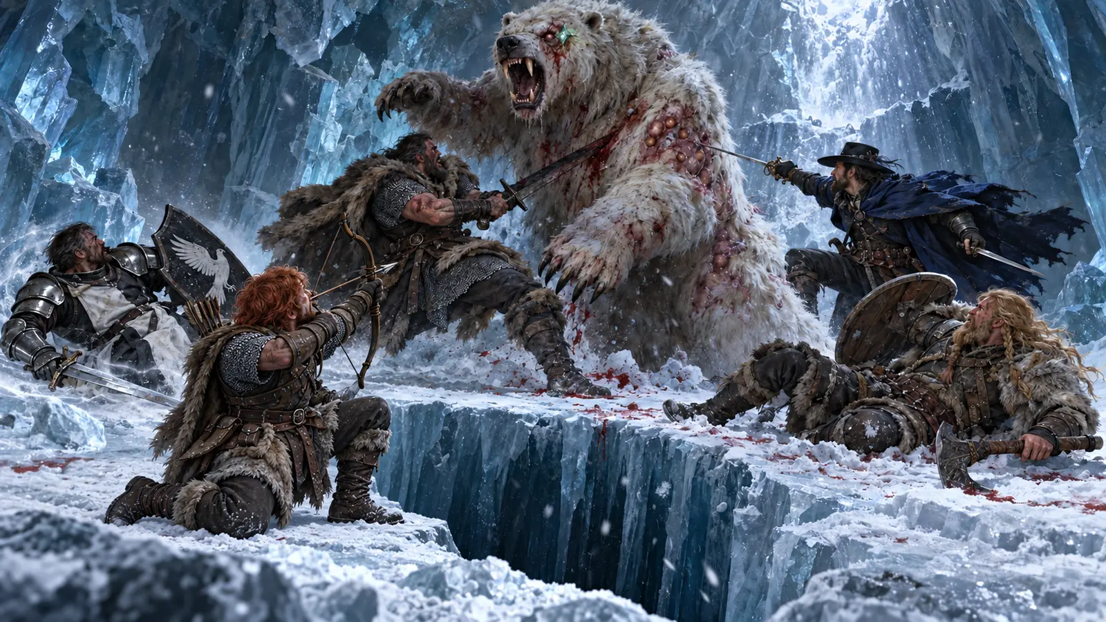 Five human adventurers battle a diseased dire polar bear while Toby kneels safely at the edge of an open ice pit