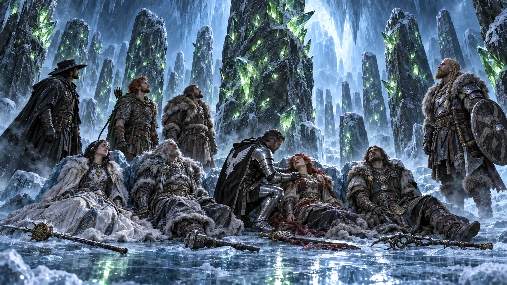 The five adventurers revive four ancient champions among silent menhirs studded with luminous green divine fragments
