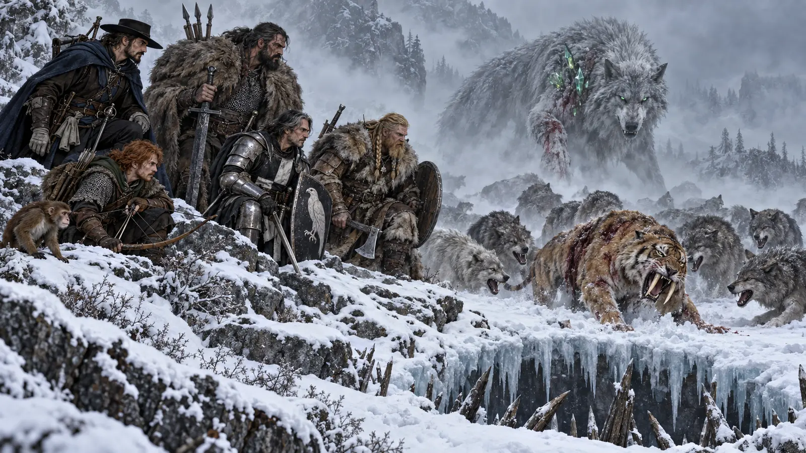 Five male adventurers and a monkey watch wolves drive a wounded sabre-toothed tiger toward a concealed pit