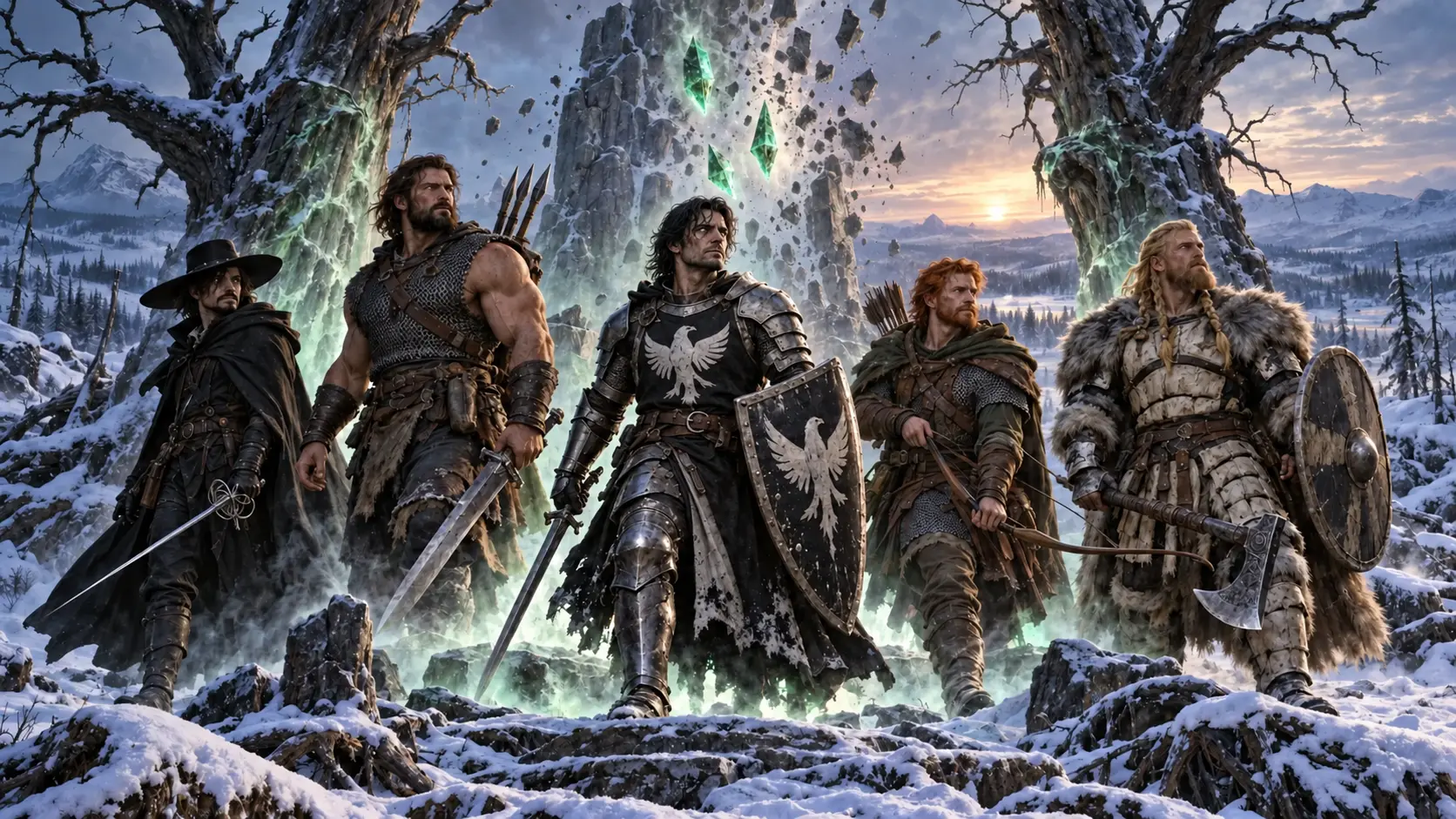 The five adventurers return between two dead trees as Telchur’s menhir crumbles and three green fragments fall