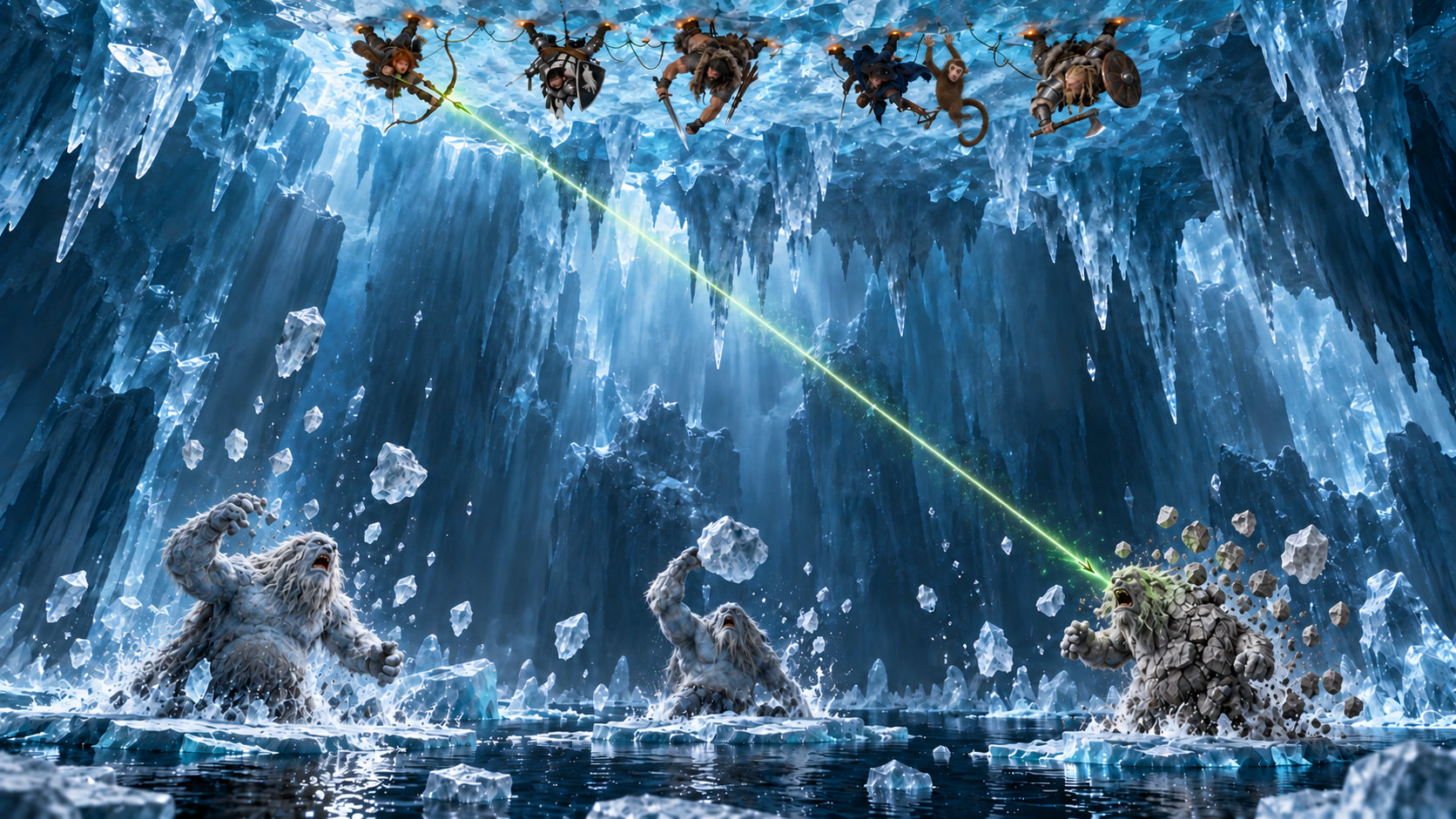 The party crosses the glacier ceiling using weightlessness squash