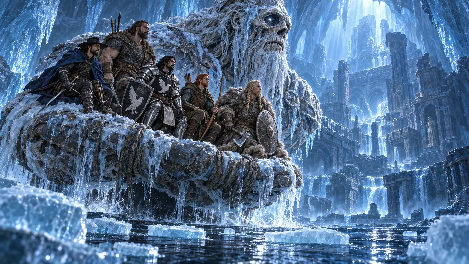 Jargaluk Stone-Eater carries Asuran, Halen, Karl, Toby and Tanner across the black water beneath the glacier