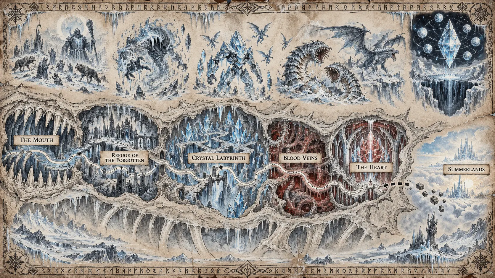 Parchment map of the five regions inside Telchur’s White Corpse, surrounded by prophetic sketches of six possible guardians