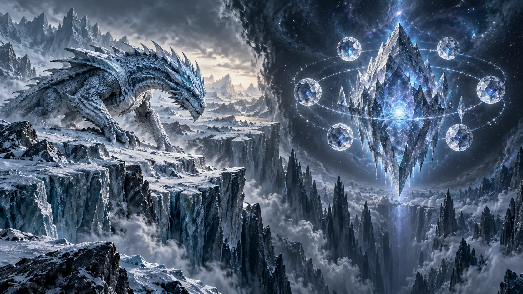 A prophetic vision of an ice drake and a mountain-sized crystal suspended above an abyss with six crystal moons