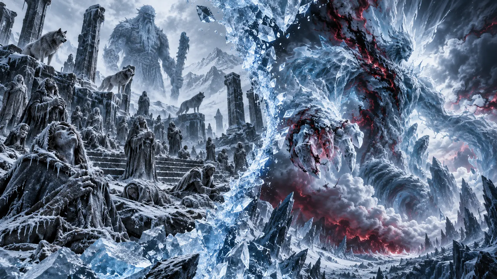 A prophetic vision of frozen forgotten worshippers, winter wolves and a frost giant beside a corrupted elder frost elemental