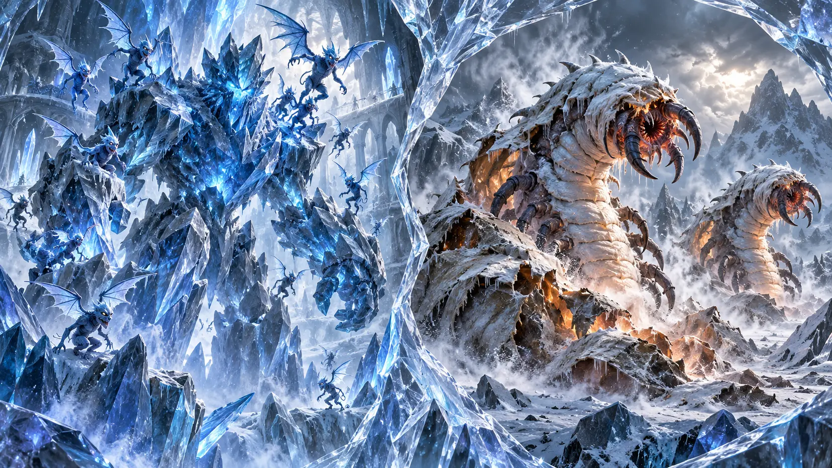 A prophetic vision of an advanced crystal golem with ice mephits and remorhazes tearing free of their old skins