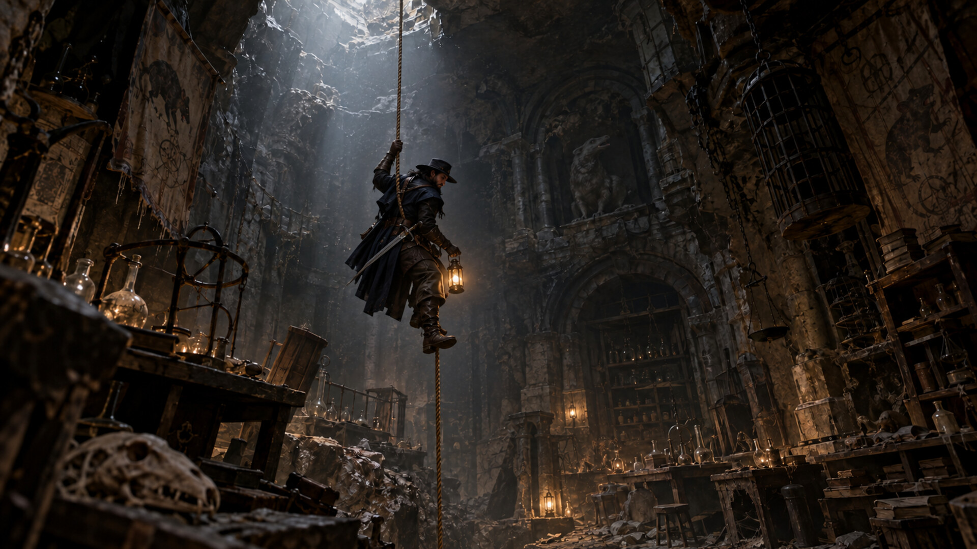 Asuran alone on a rope, lantern in hand, being lowered through a crumbling shaft into the abandoned laboratory
