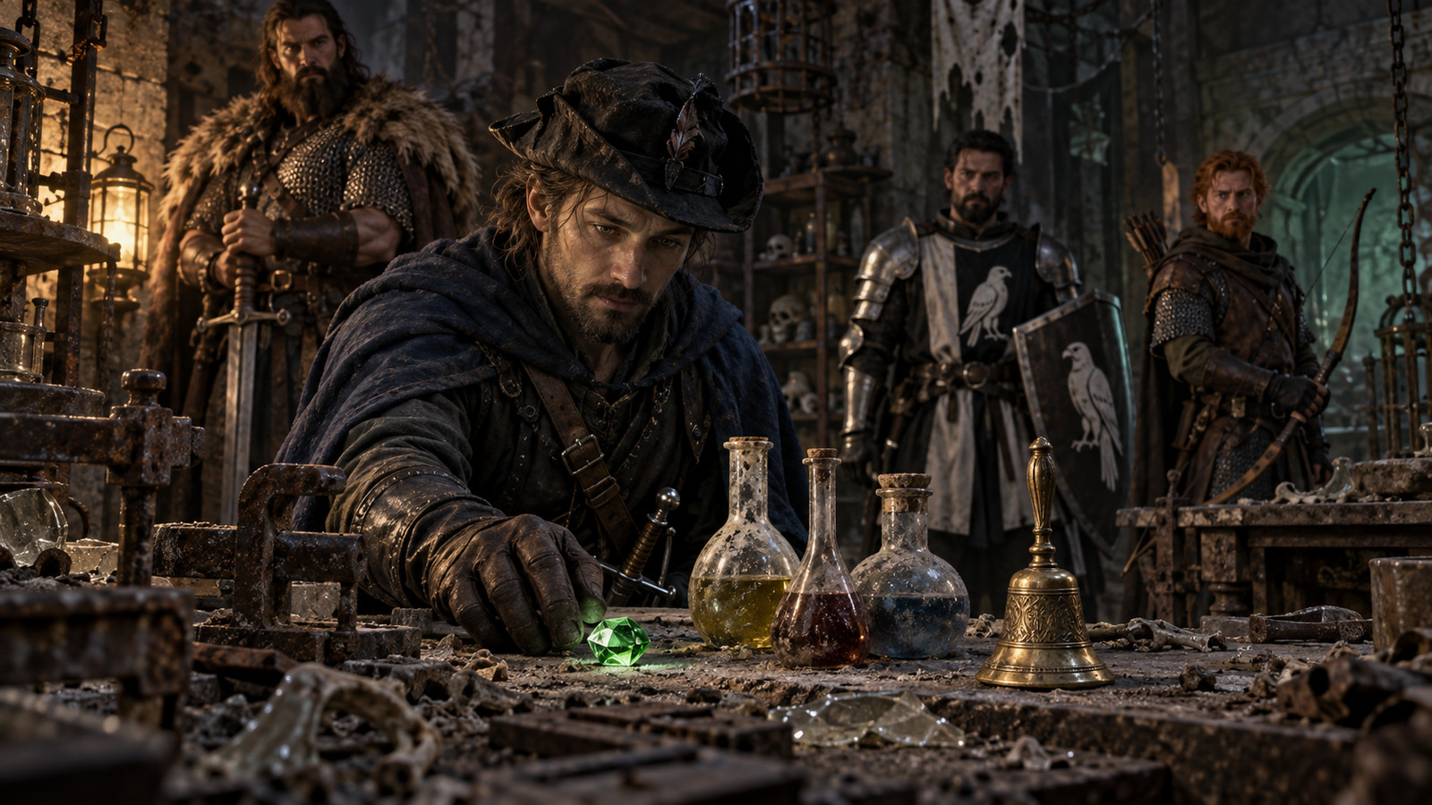 The forgotten laboratory with alchemical glassware, a lime-green gem and brass bell