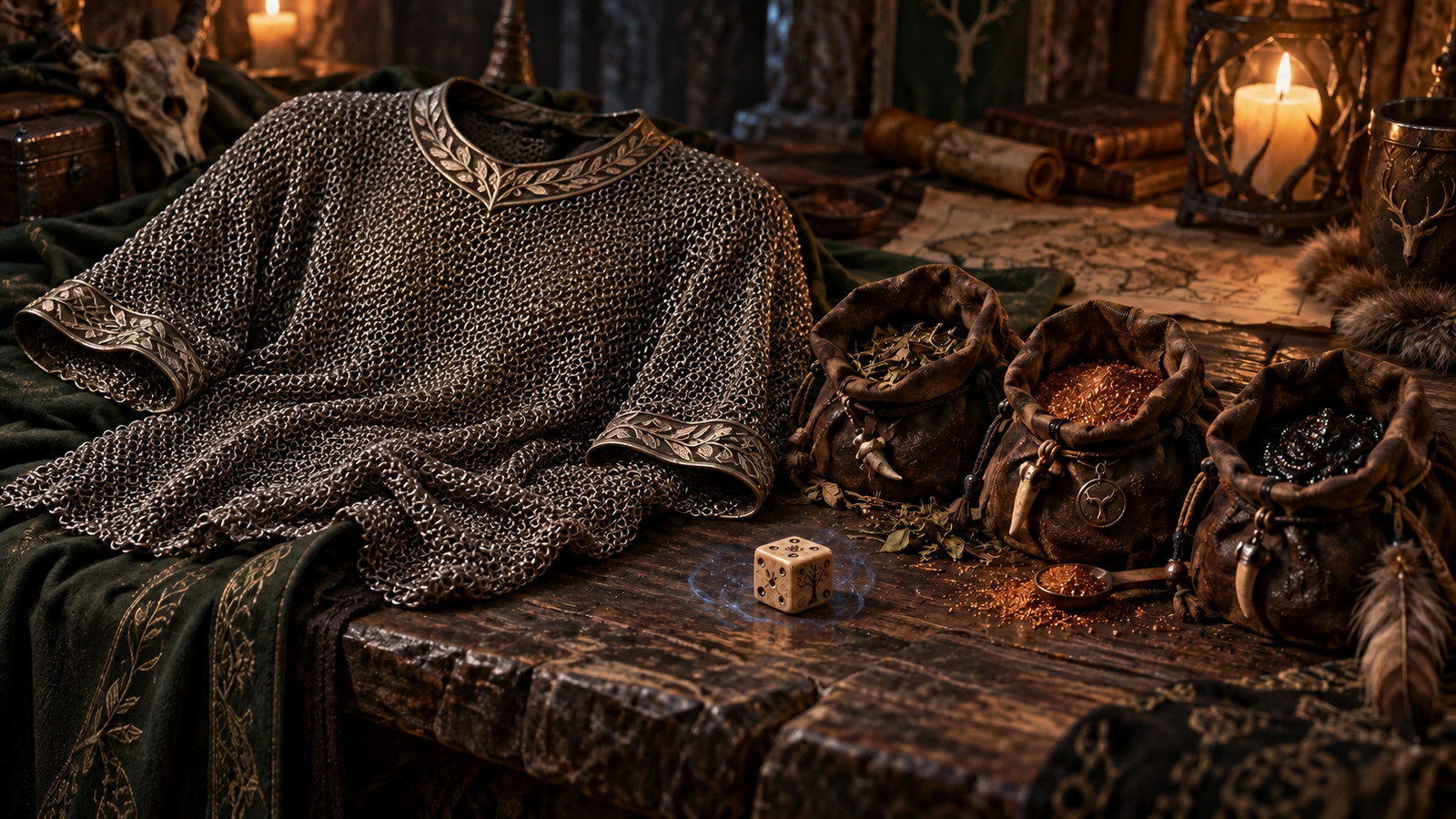 A finely made elven chainmail shirt, a bone gambler’s die and three pouches of herbal mixtures laid out together