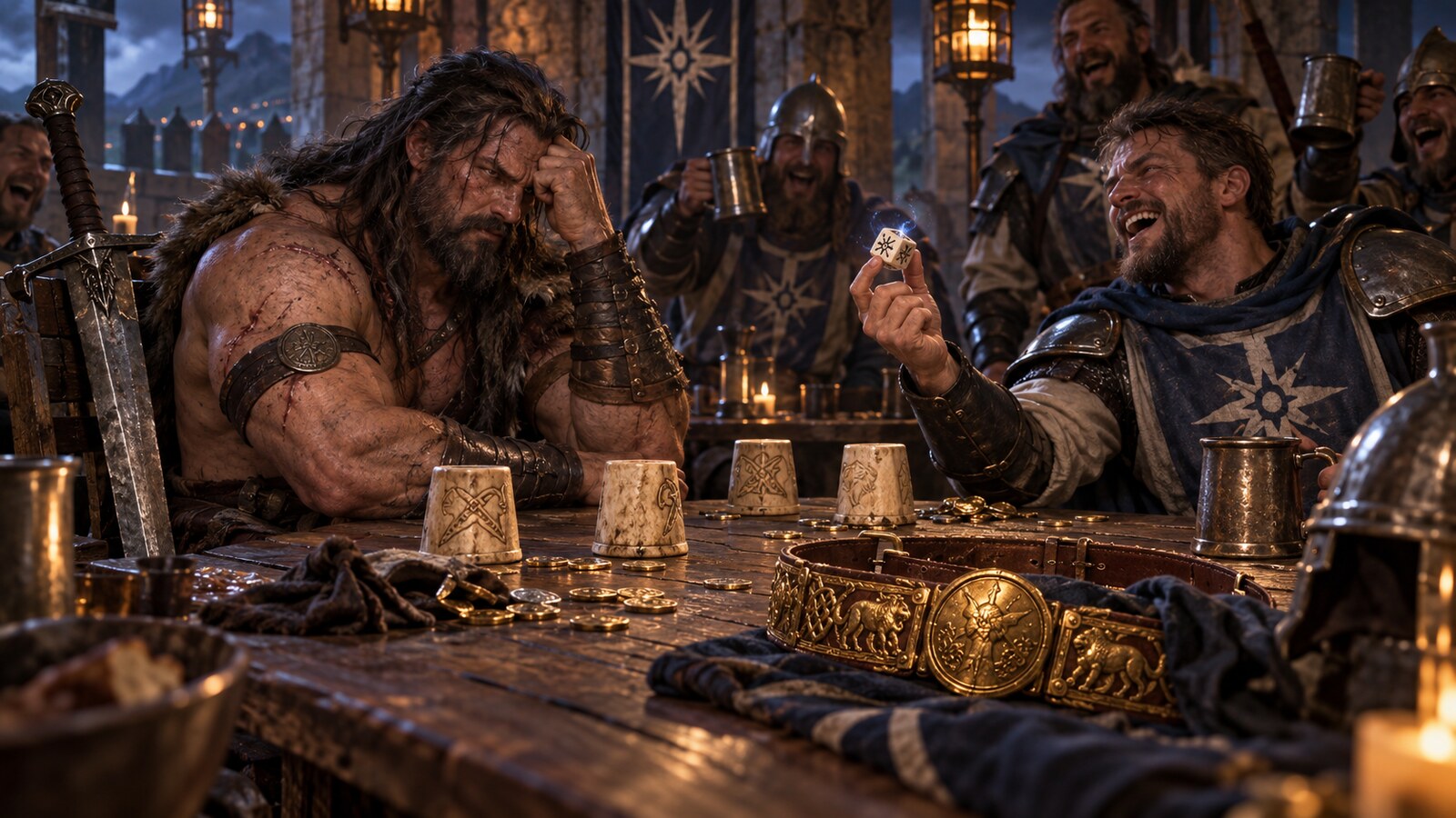 Halen at a soldiers’ gambling table after losing the Belt of Kord, with a carved bone die among the winnings
