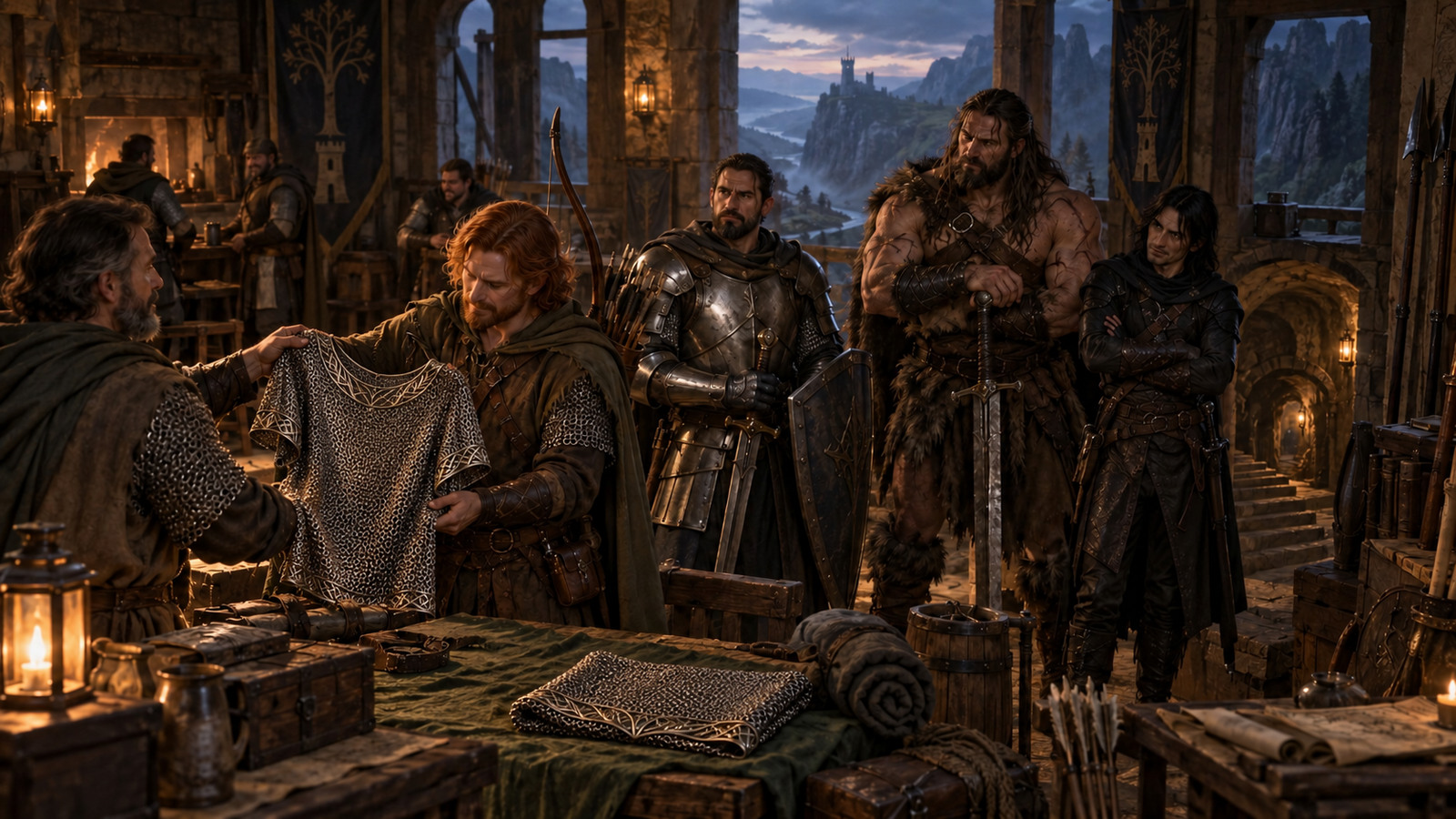 The party inside a hidden watchtower of the Order while Toby receives a finely made elven chainmail shirt