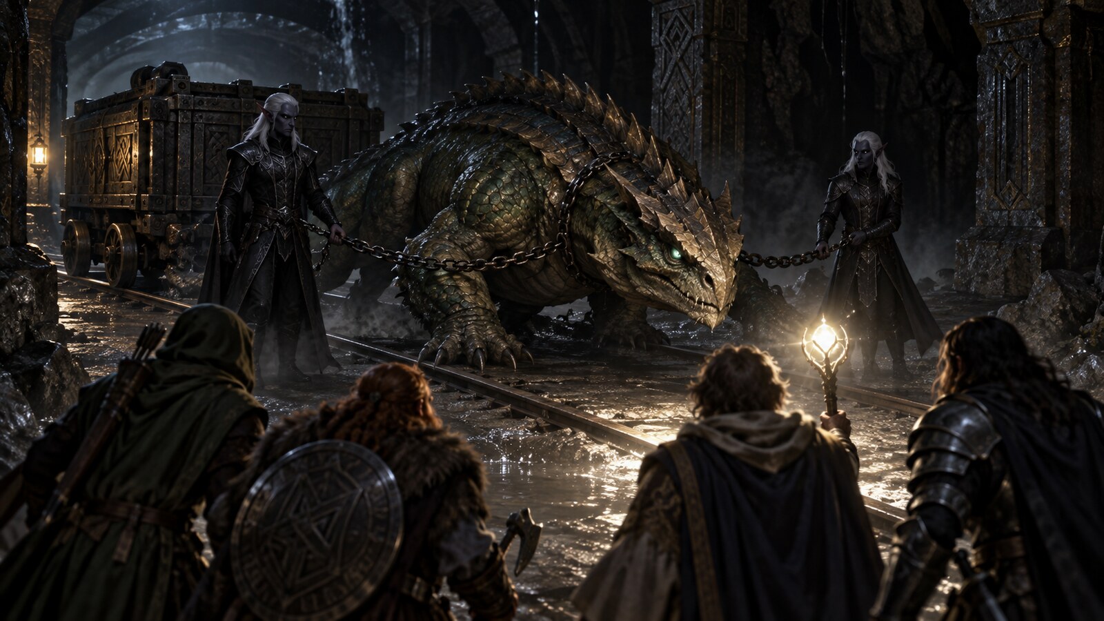 Two Drow restrain a chained basilisk before the party in an ancient dwarven rail tunnel