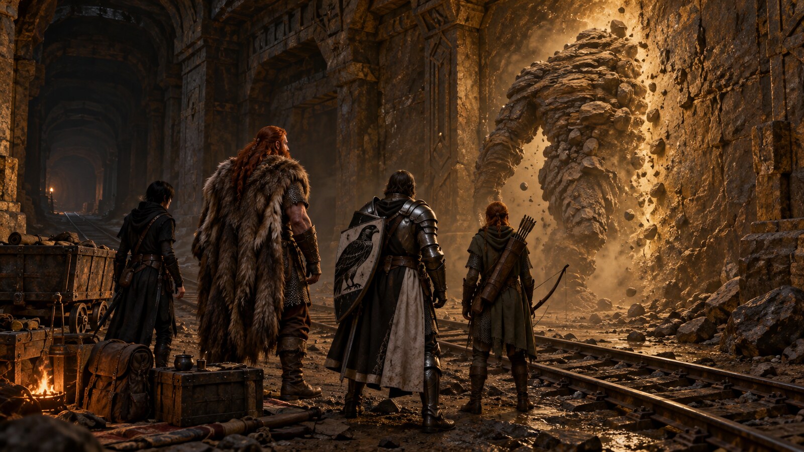 The party watches an earth elemental pass through the wall of an ancient dwarven rail tunnel