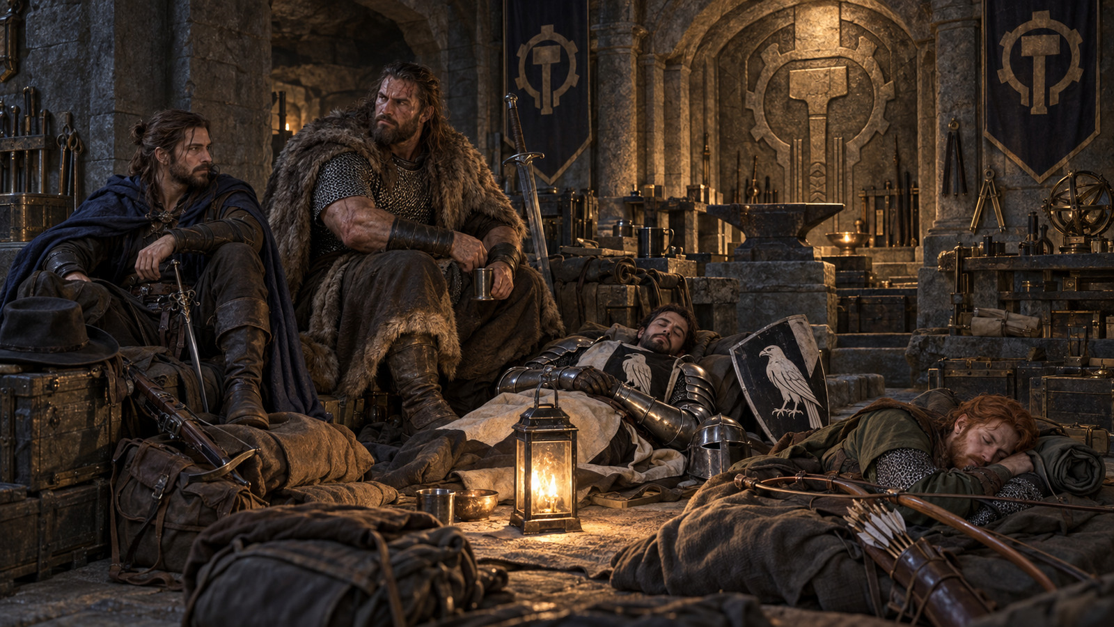Asuran and Halen keep watch while Karl and Toby rest in an ancient stone workshop-shrine sacred to Gond