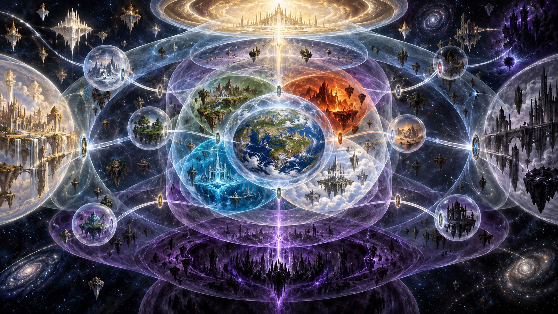 Interpretive cosmology showing the Prime Material Plane surrounded by overlapping elemental, ethereal, astral, positive, negative, divine and demiplanar realms
