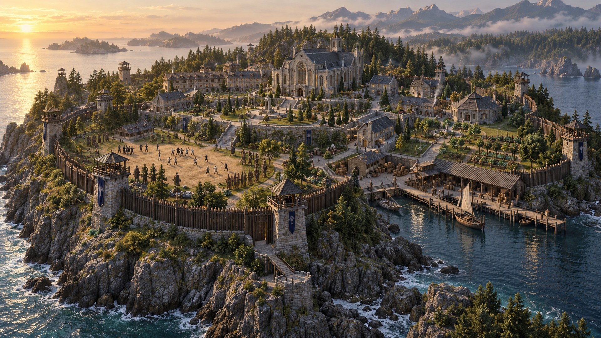 Peaceful island Safehold before the invasion, with palisades, training grounds, teaching halls, workshops, gardens and docks