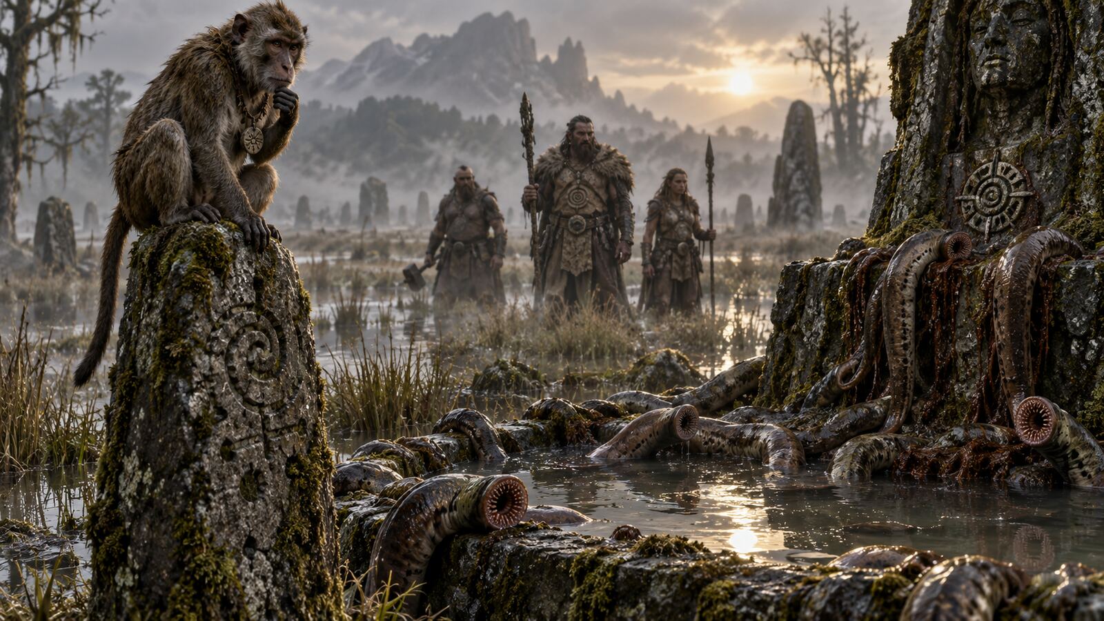 A monkey arbiter watches lamprey-like parasites while clay-armoured earth barbarians approach through a primordial marsh