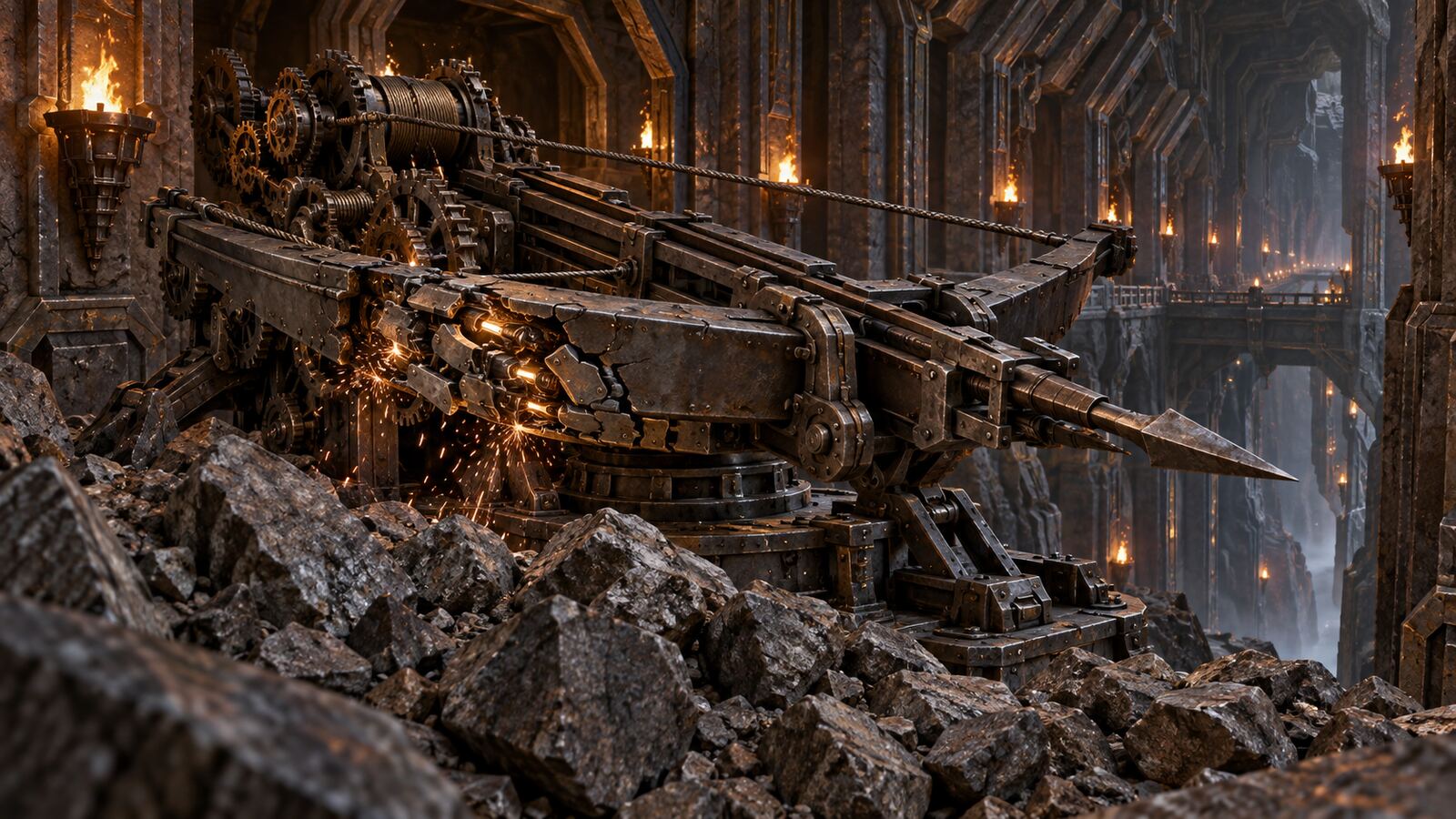 An ancient operatorless self-loading ballista repairing itself behind a dwarven corridor rockfall