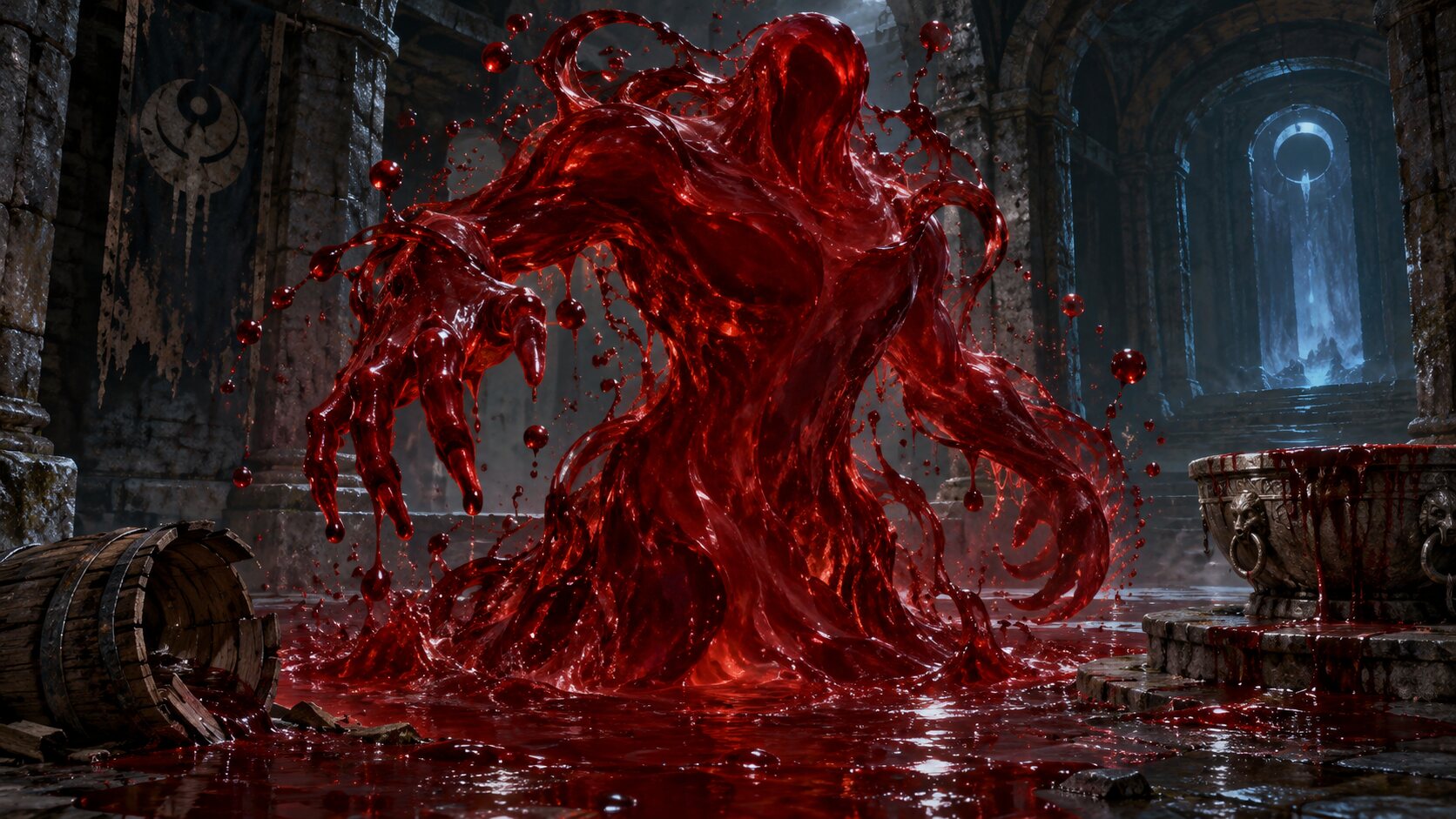 A supernatural elemental formed from flowing dark-red blood rising in an ancient stone chamber